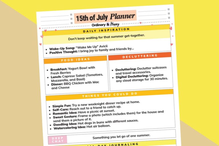 july 15th daily planner printable on an orange and yellow 2-color background