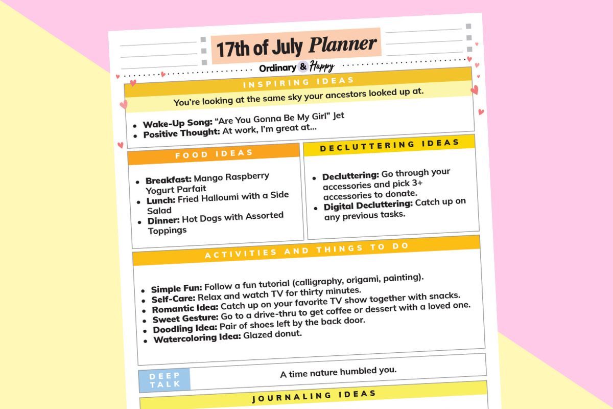 july 17th daily planner printable with lists of ideas for the day