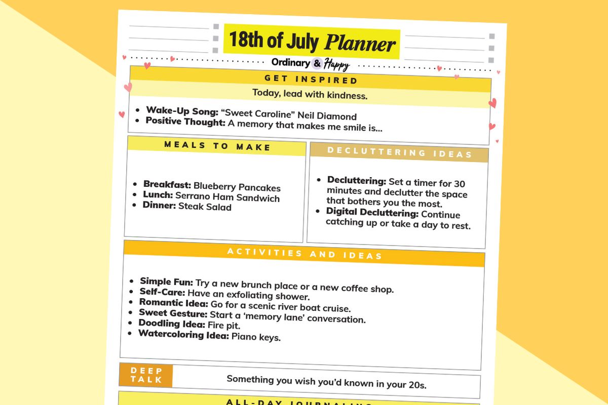 july 18th daily planner printable partially visible on a 2-color yellow and orange background