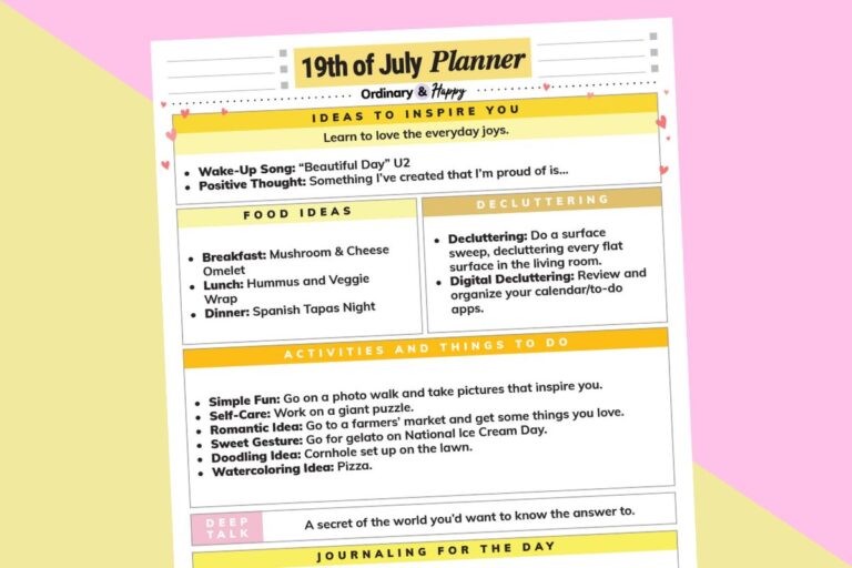 july 19th daily planner printable tilted to the left on a lilac and yellow block color background