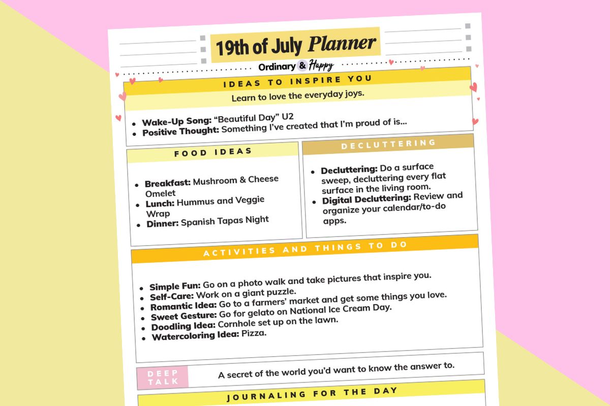 july 19th daily planner printable tilted to the left on a lilac and yellow block color background