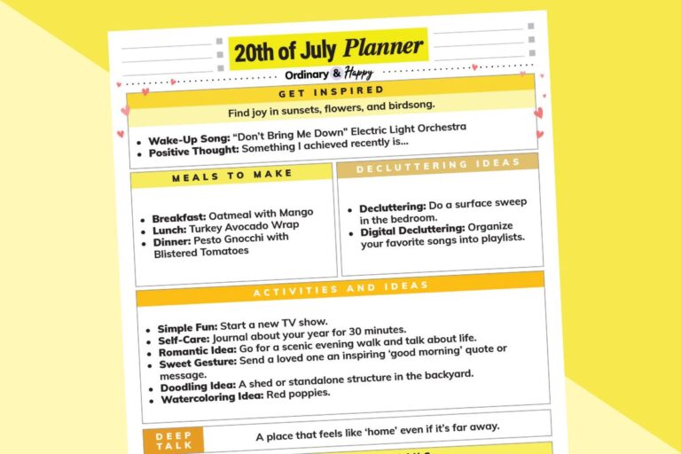 july 20th daily planner printable with lists of ideas for the day displayed on a 2-color yellow background