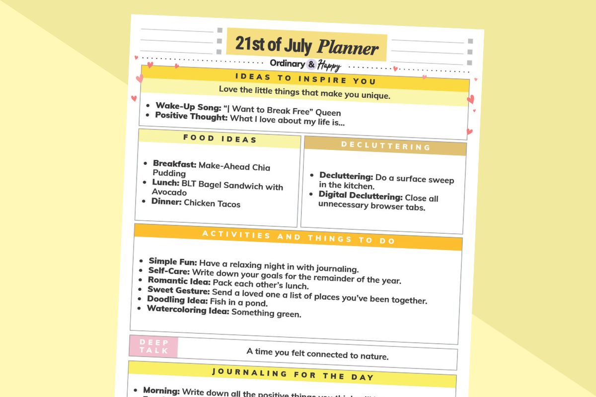 july 21st planner printable partially visible preview with lists of ideas for the day on a lightly colored yellow backdrop
