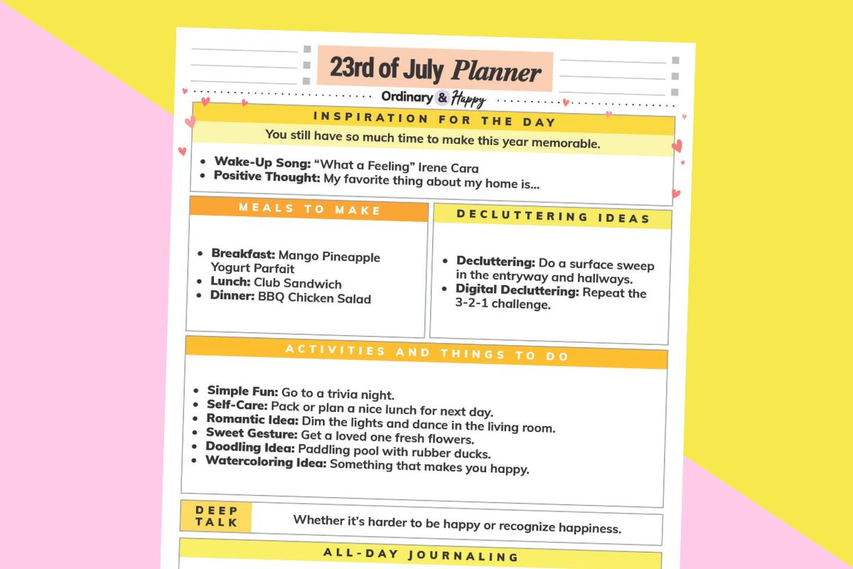 partially visible july 23rd daily planner containing lists of ideas for the day on a lilac and yellow background