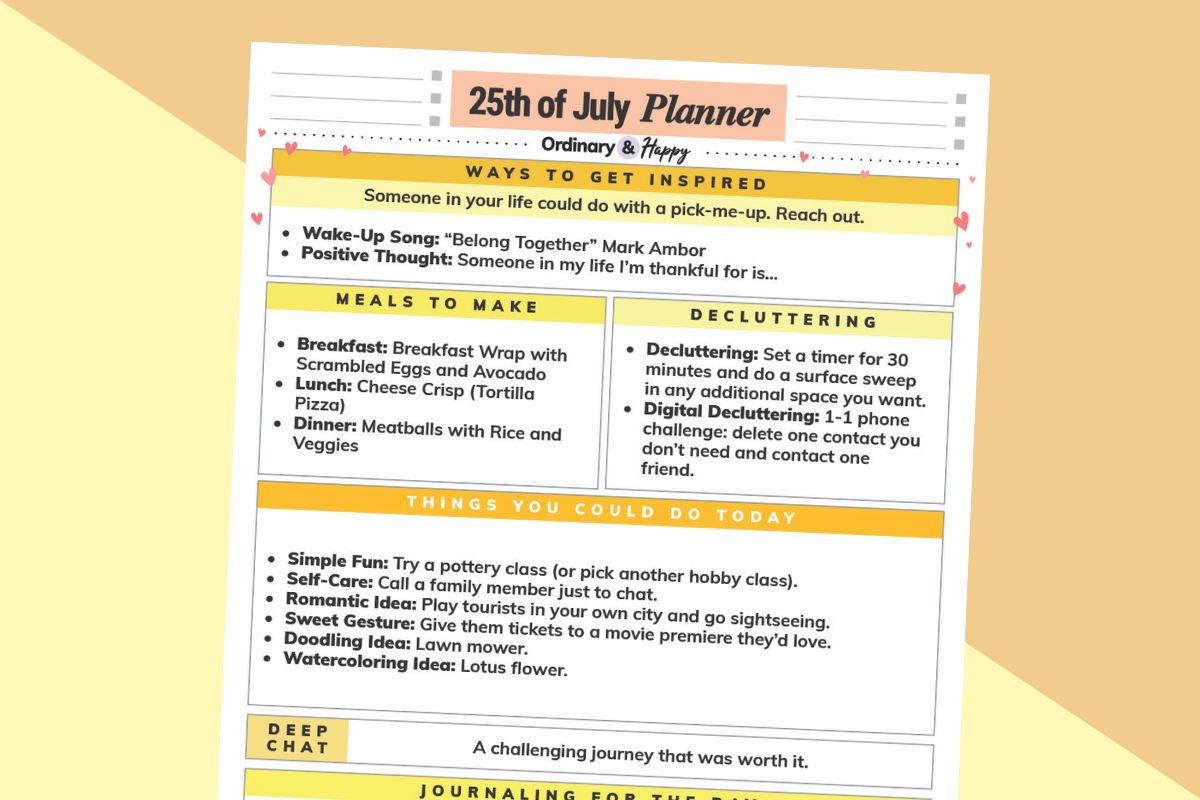 july 25th daily planner printable with lists of ideas for the day on a 2-color block color background