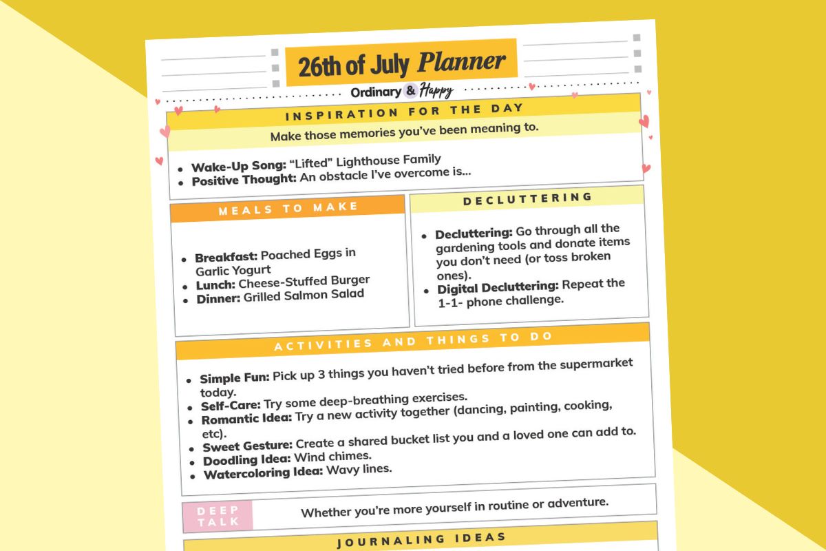 july 26th daily planner printable on a 2-color yellow background