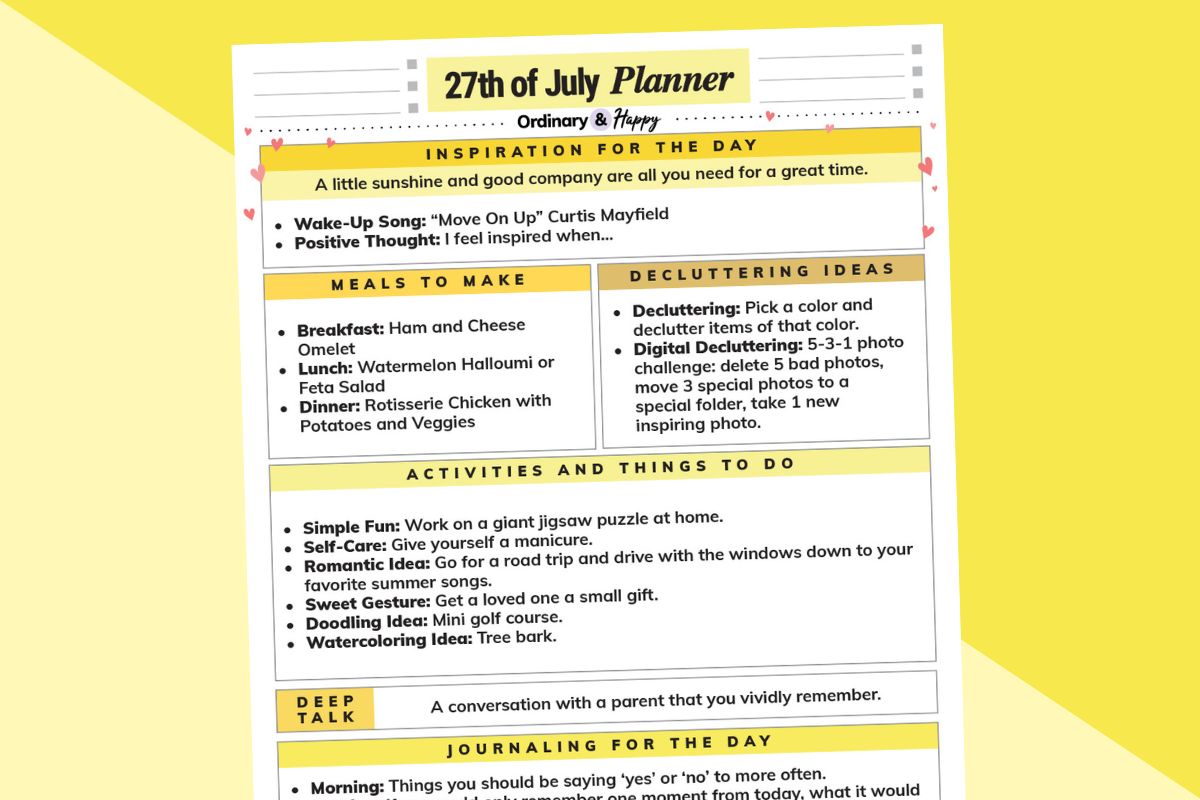 july 27th daily planner printable partially visible displayed on a yellow and light yellow block color background