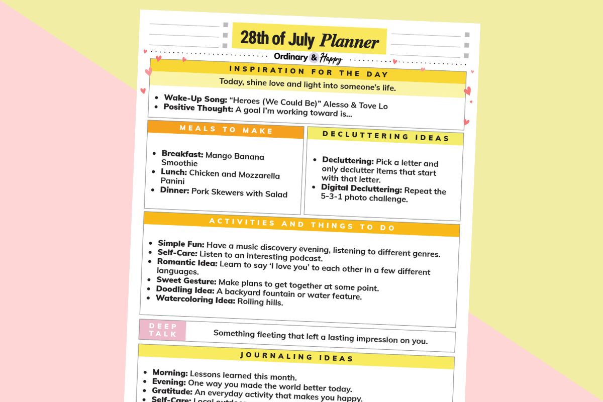 full-day july 28th daily planner printable displayed on a 2-color light red and yellow background