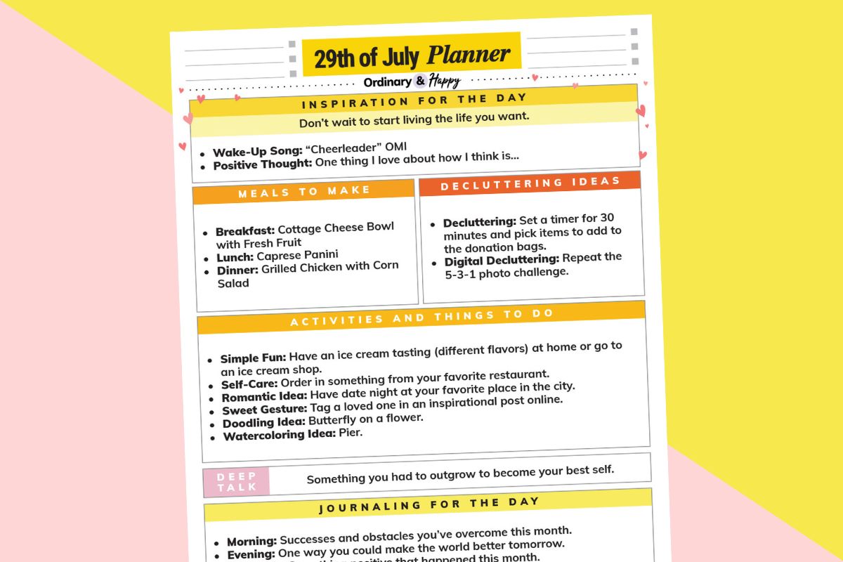 july 29th full-day planner listicle printable partially visible on a yellow and light red background