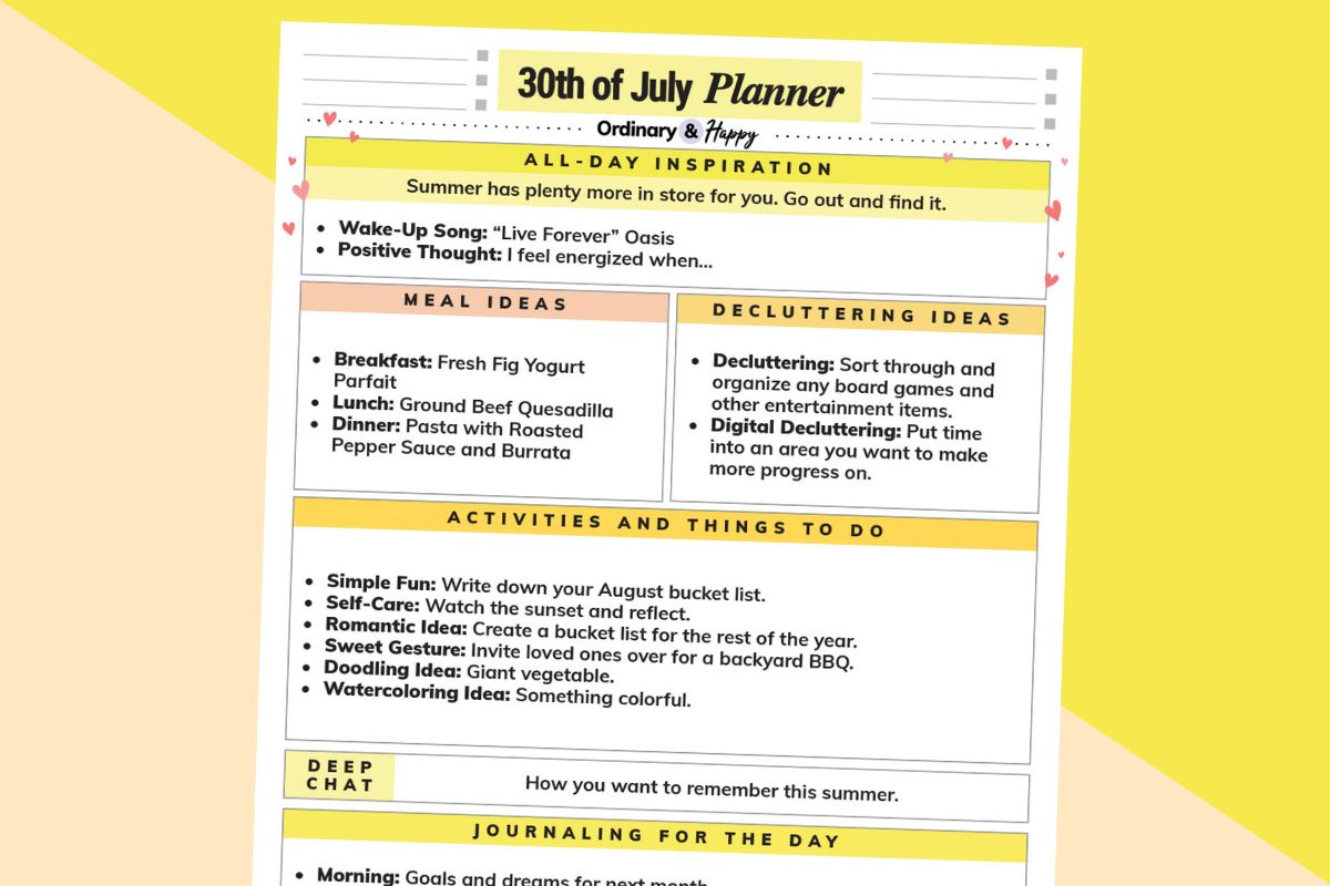 july 30th daily planner printable with lists of ideas for the day partially visible on a 2-color yellow background