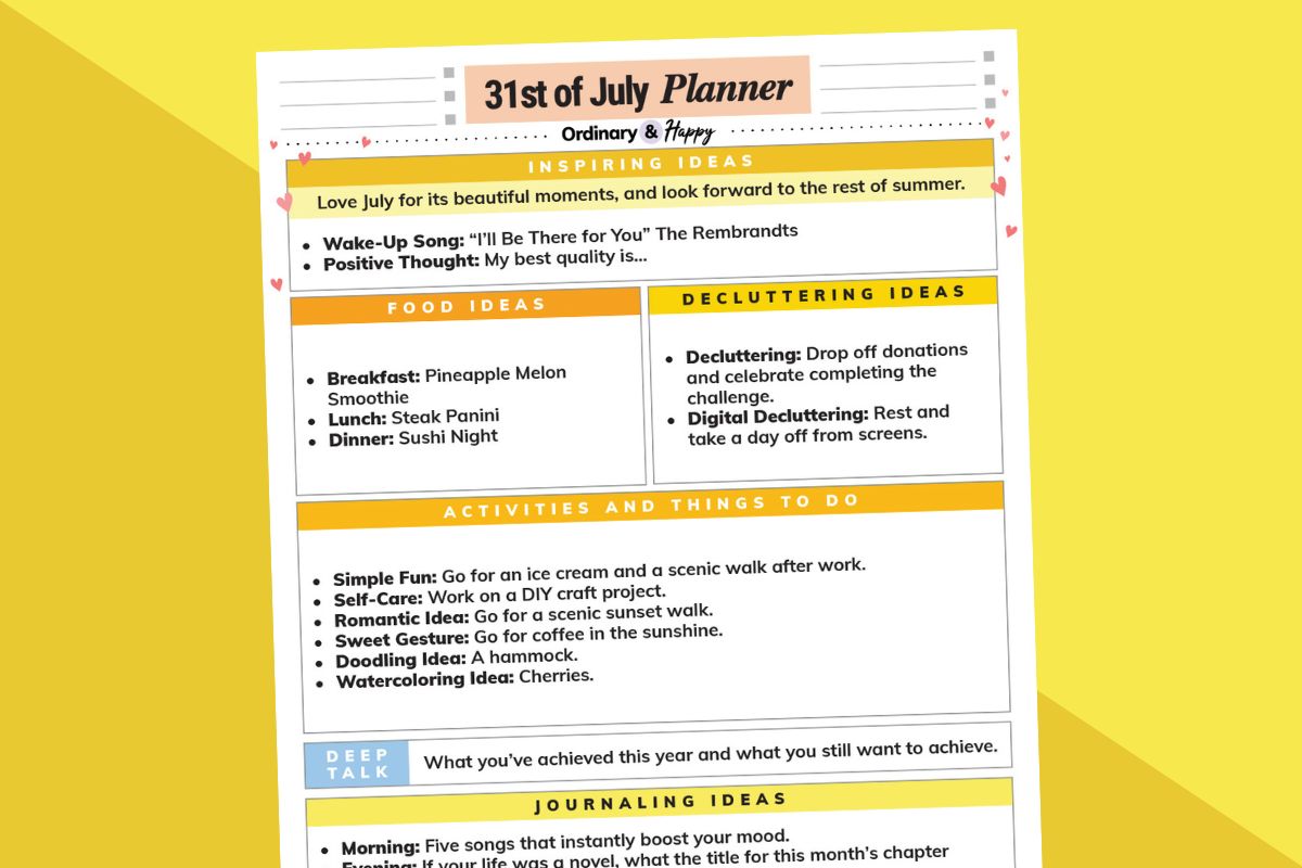 july 31st daily planner printable with lists of ideas for the day displayed on a 2-color diagonal orange and yellow block color background