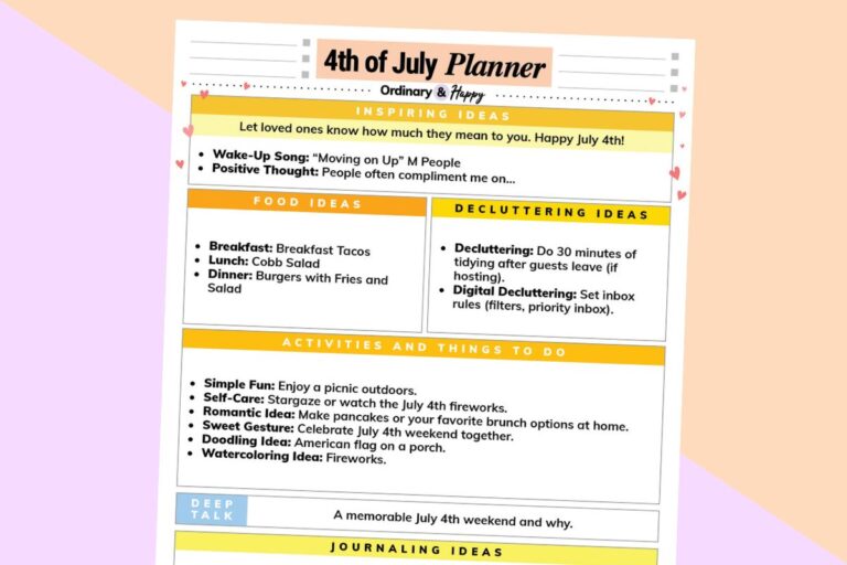 july 4th daily planner printable on a lilac and orange 2-color background