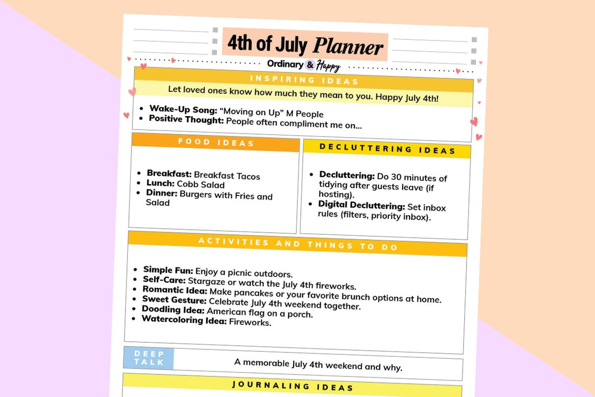 july 4th daily planner printable on a lilac and orange 2-color background