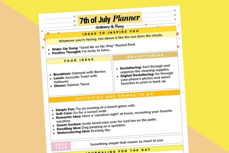 july 7th daily planner printable on an orange and yellow backdrop