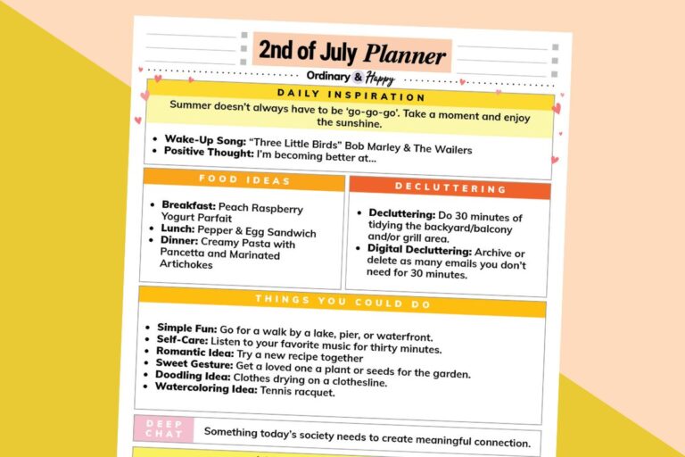 july 2nd daily planner printable with ideas for the day on a yellow and orange background