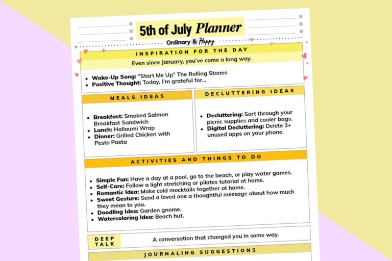 july 5th planner printable with ideas for the day on a 2-color lilac and yellow backdrop