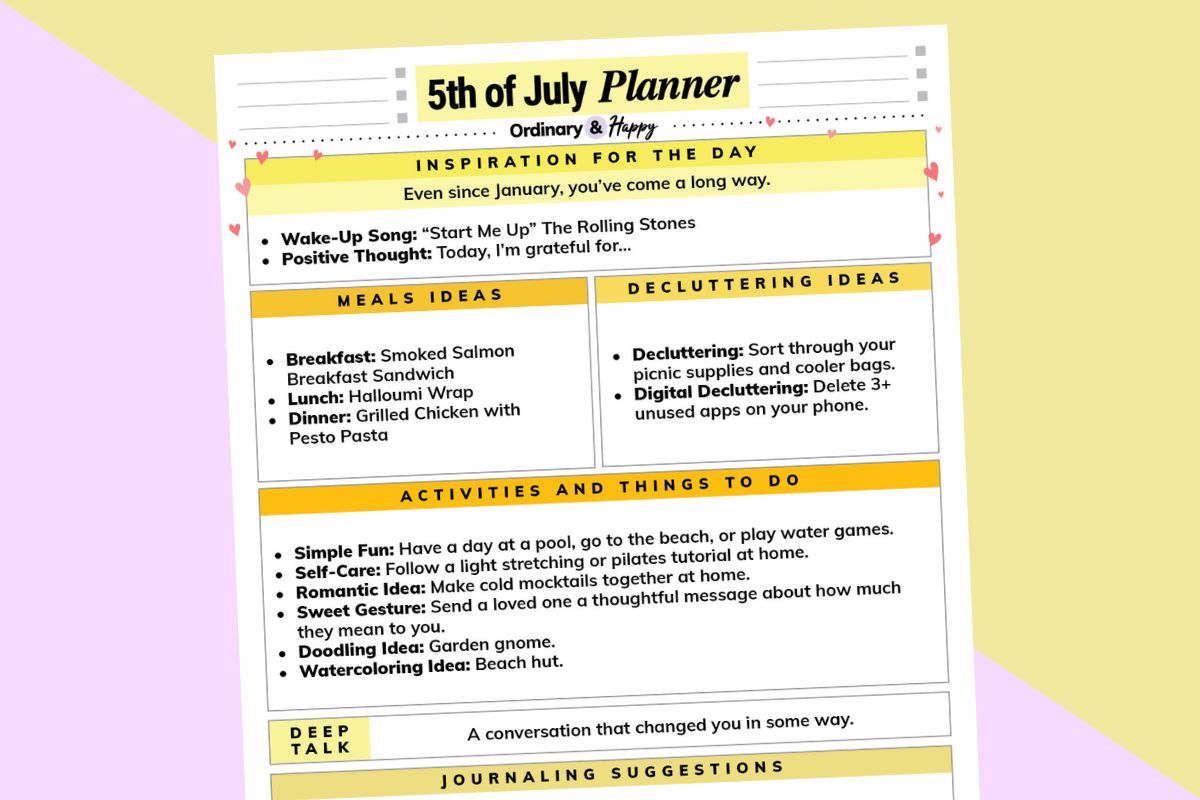 july 5th planner printable with ideas for the day on a 2-color lilac and yellow backdrop
