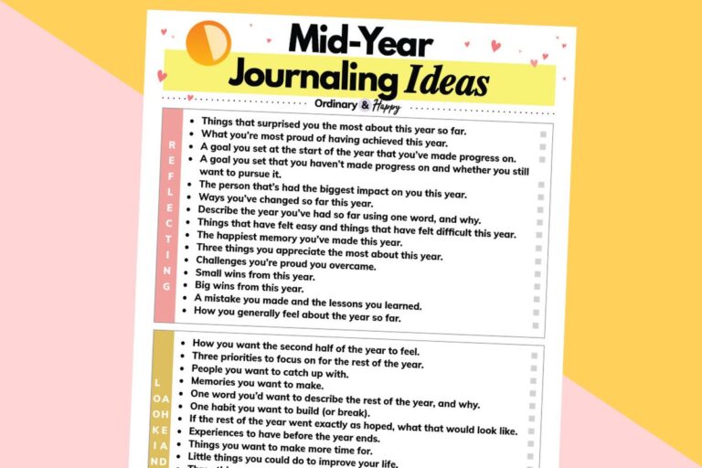 midyear journaling prompts listicle printable on a 2-color orange-red and orange background