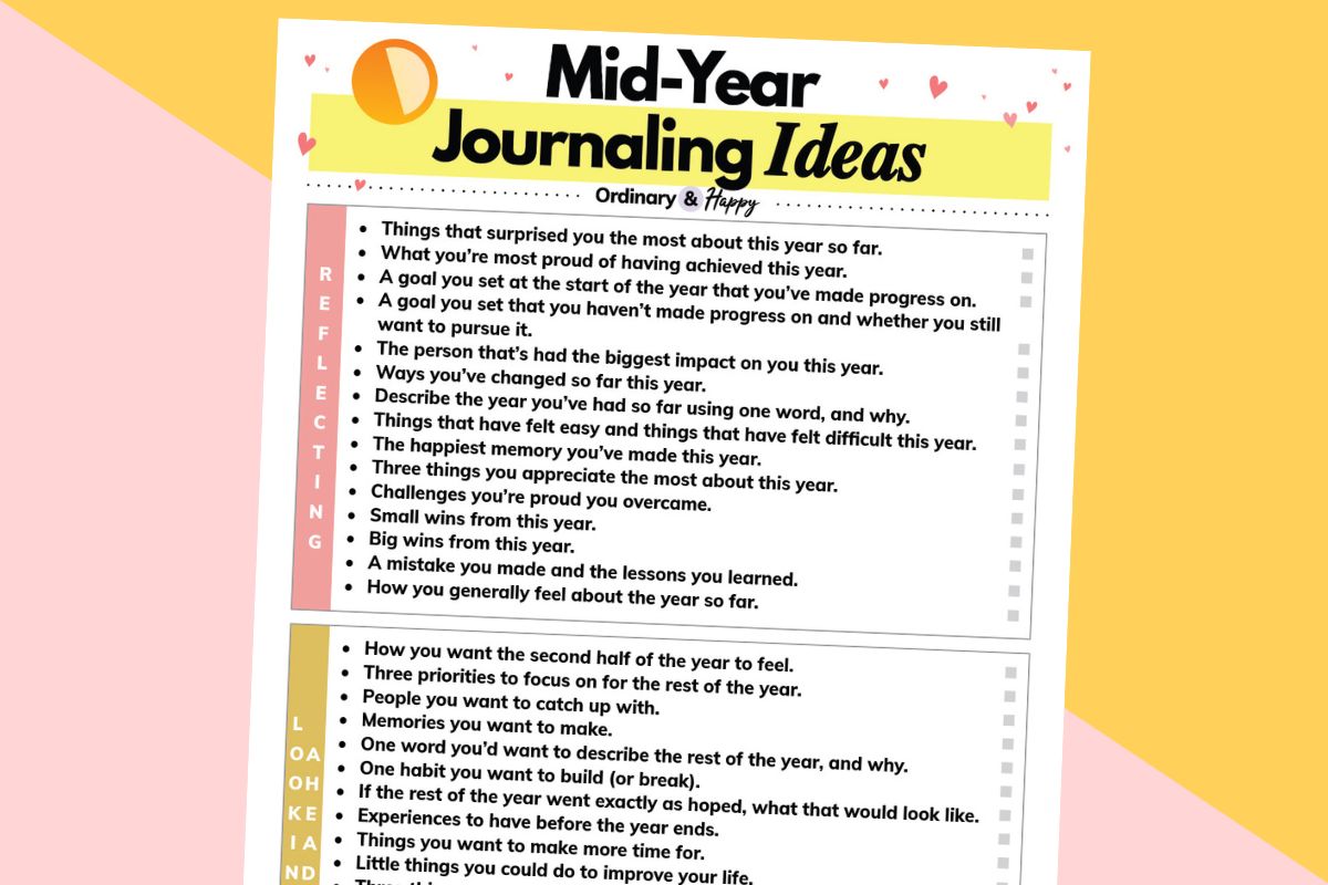 midyear journaling prompts listicle printable on a 2-color orange-red and orange background