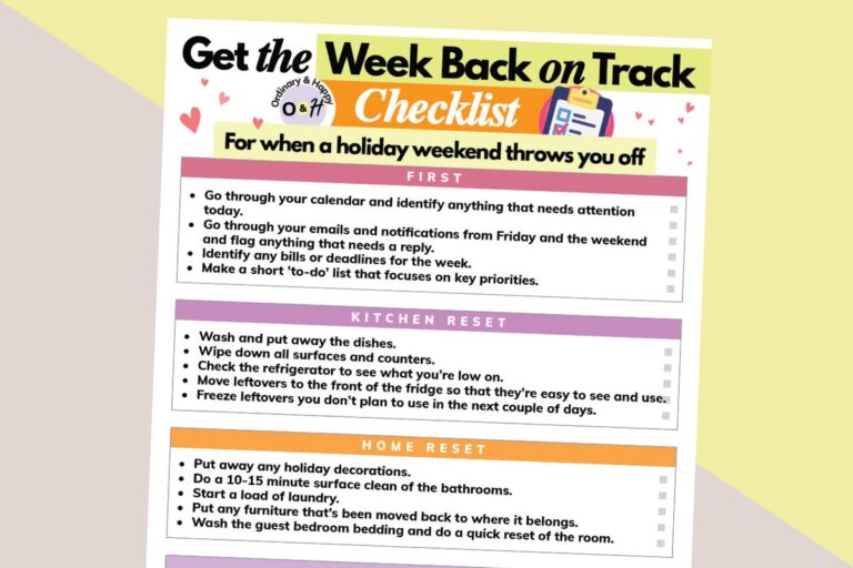 get the week back on track checklist printable on a 2-color colorful graphic background