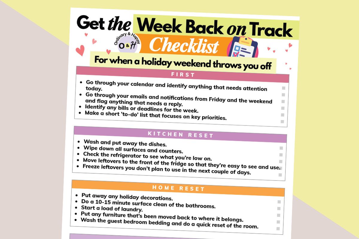 get the week back on track checklist printable on a 2-color colorful graphic background