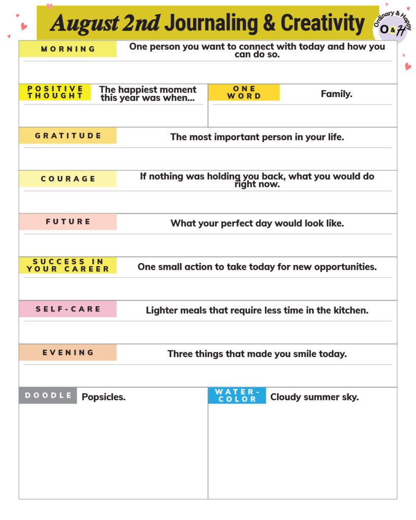 august 2nd daily journaling and creativity worksheet printable with prompts and lines to write on