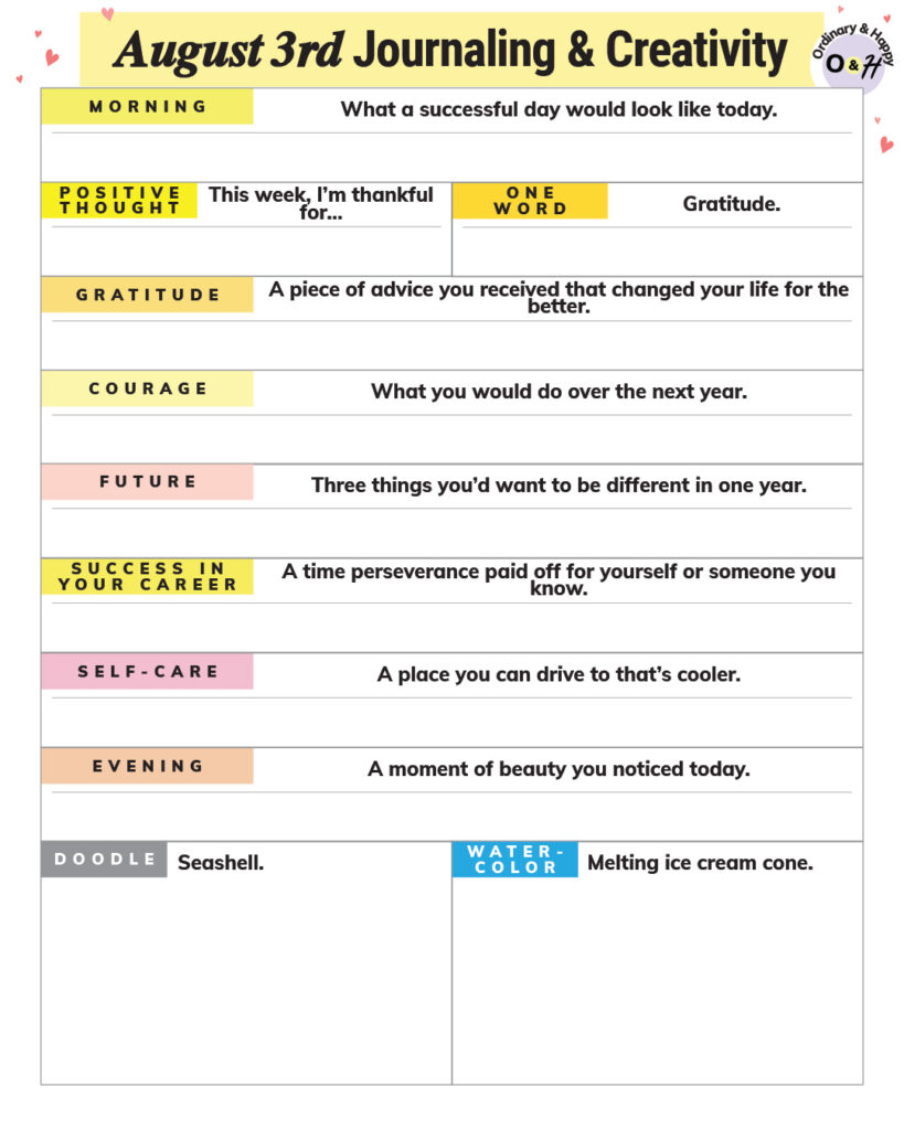august 3rd daily journaling and creativity ideas printable containing a selection of prompts and blank spaces for your answers and drawings