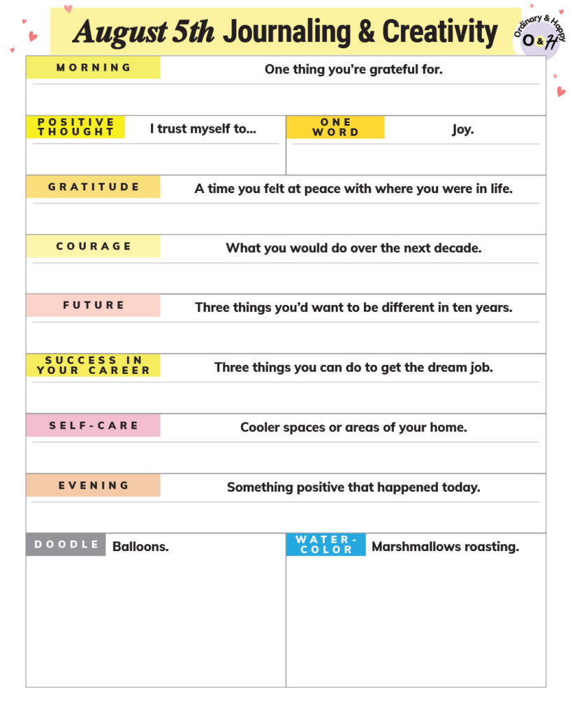 august 5th daily journaling and creativity printable with prompts to write about, draw, or watercolor on the sheet