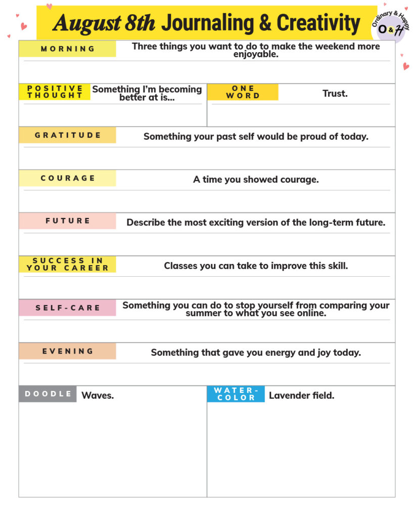 august 8th daily journaling and creativity planner worksheet with prompts and blank spaces to write in