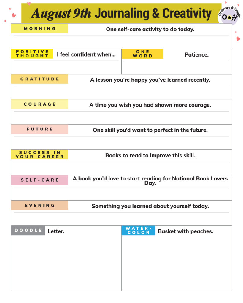 august 9th daily journaling and creative worksheet printable containing prompts and blank spaces to write about each one
