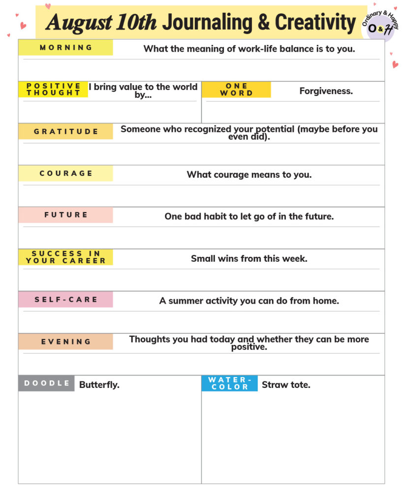 august 10th journaling and creativity planner worksheet with prompts and spaces for your answers