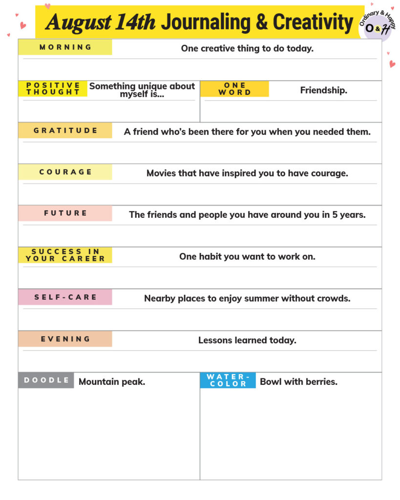 august 14th journaling and creativity worksheet with prompts to fill in answers for