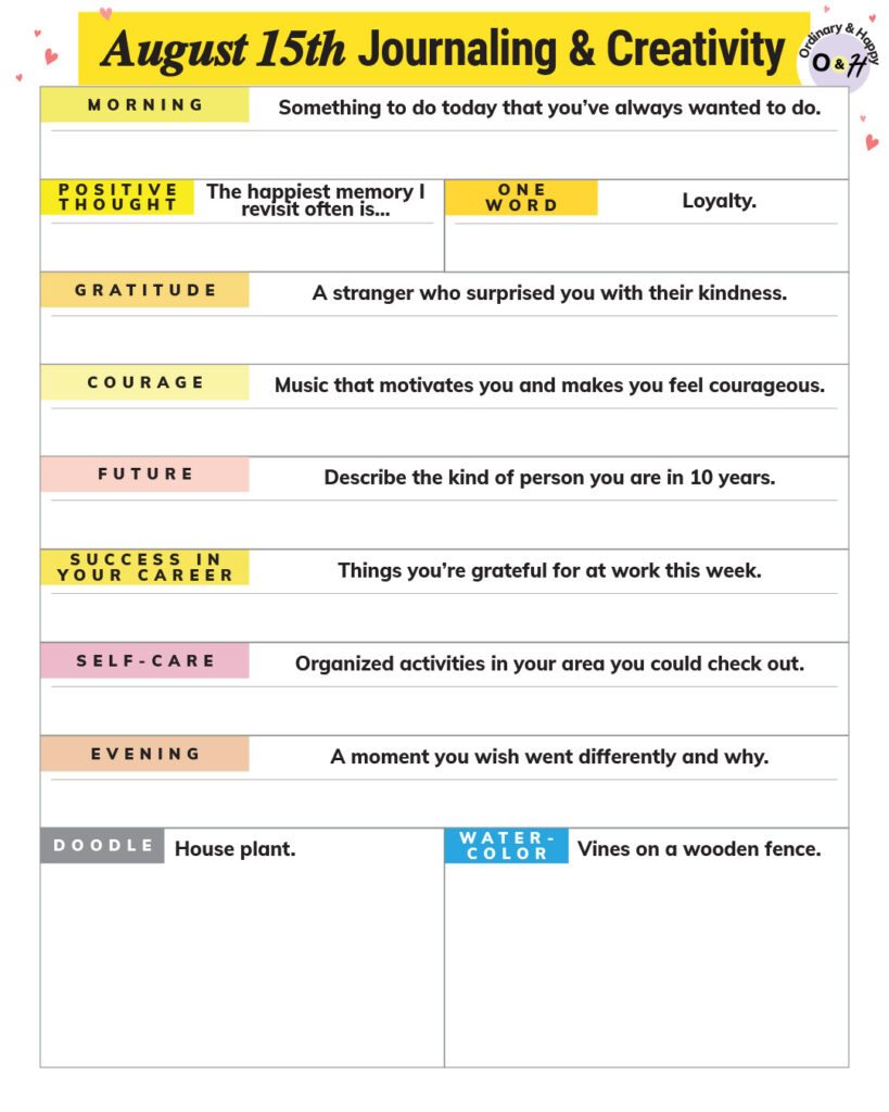 august 15th daily journaling and creativity worksheet printable