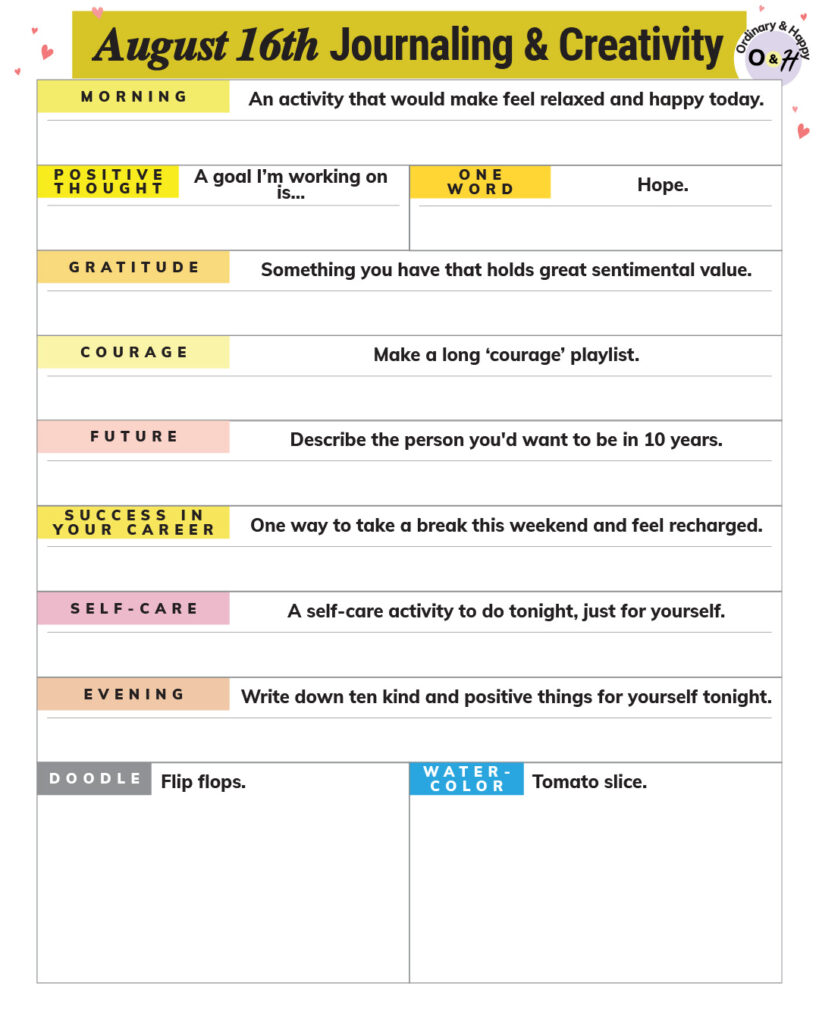 august 16th daily journaling worksheet with color-coded prompts displayed on the left and spaces to write your answers across the white page
