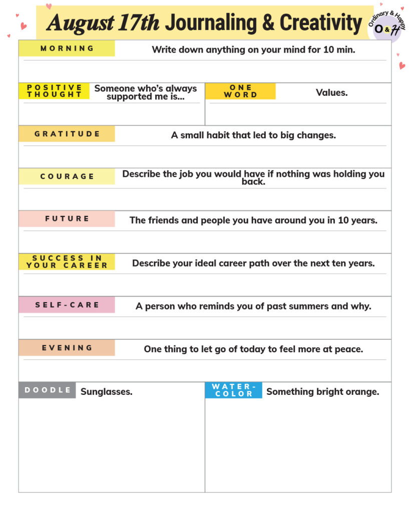 august 17th journaling and creativity planner worksheet containing a list of prompts and blank spaces to write your answers in