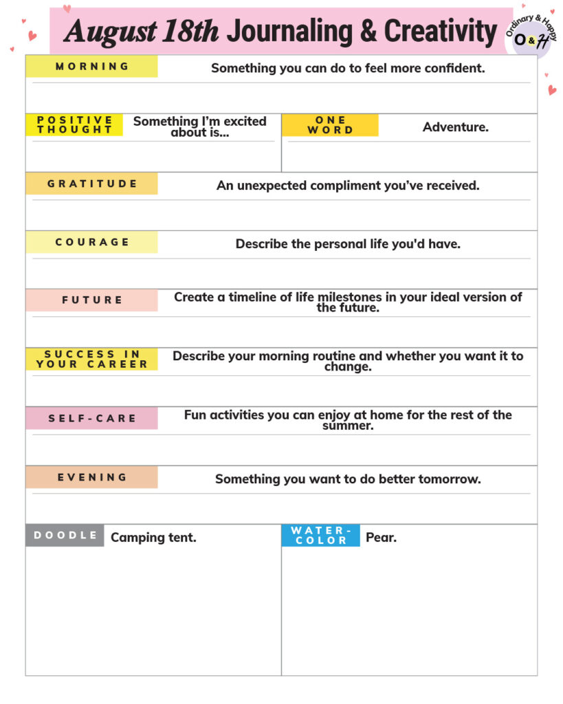 august 18th journaling and creativity worksheet of prompts and blank spaces to fill in