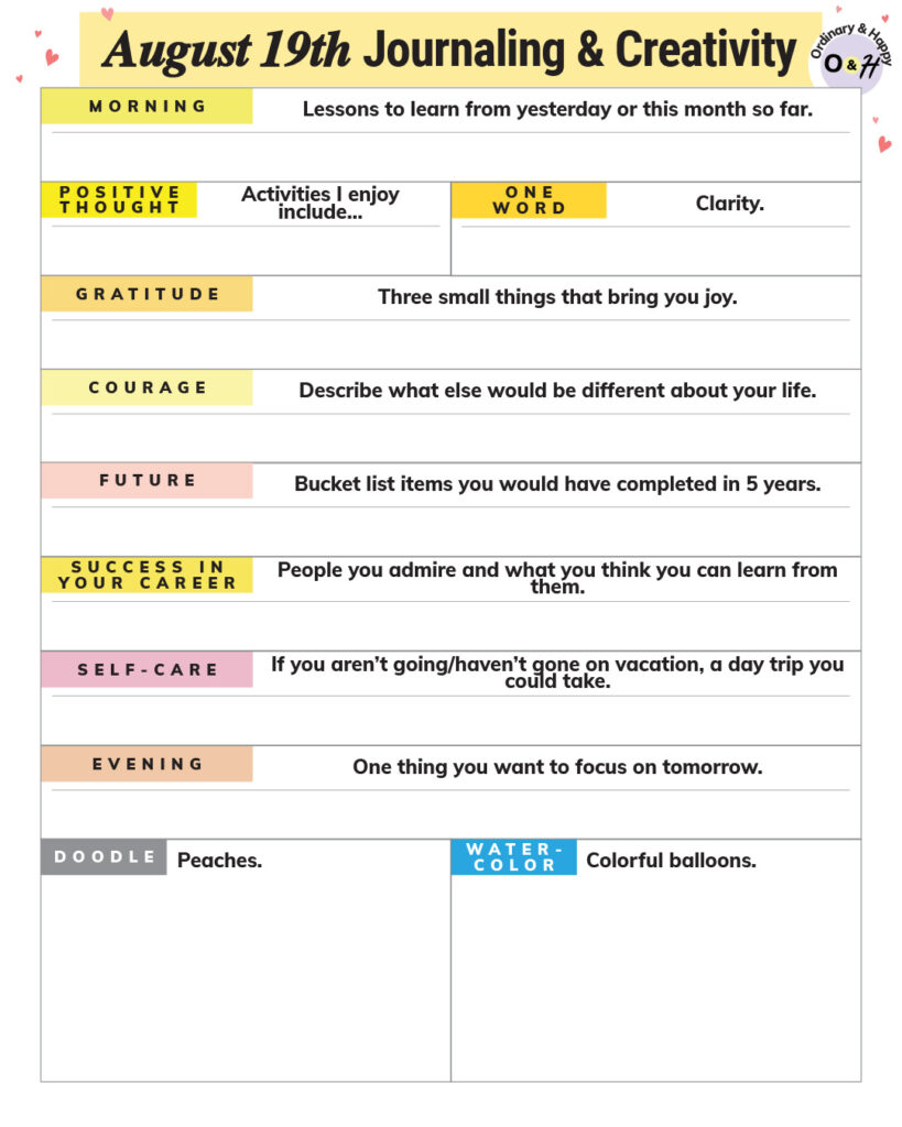 august 19th journaling and creativity worksheet with prompts and spaces for your answers