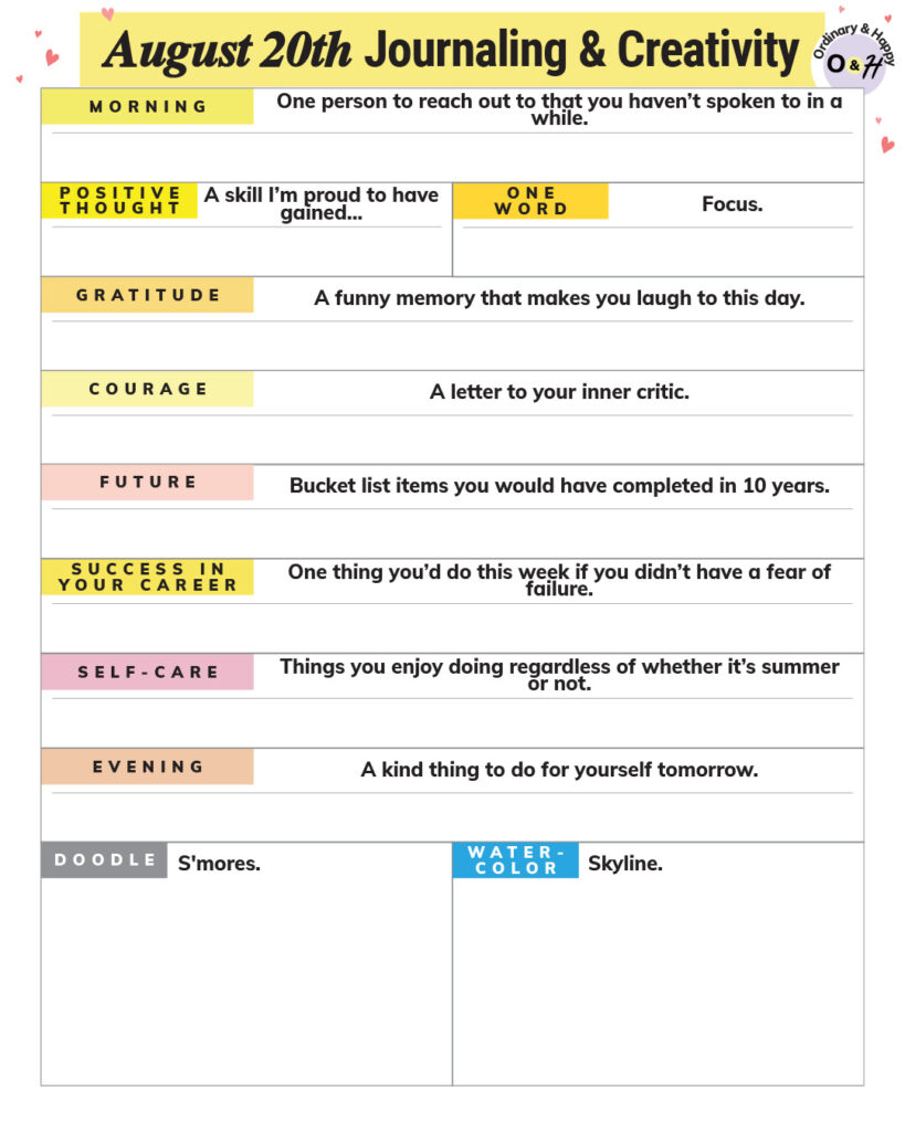 august 20th journaling and creativity worksheet with prompts and blank spaces to fill in