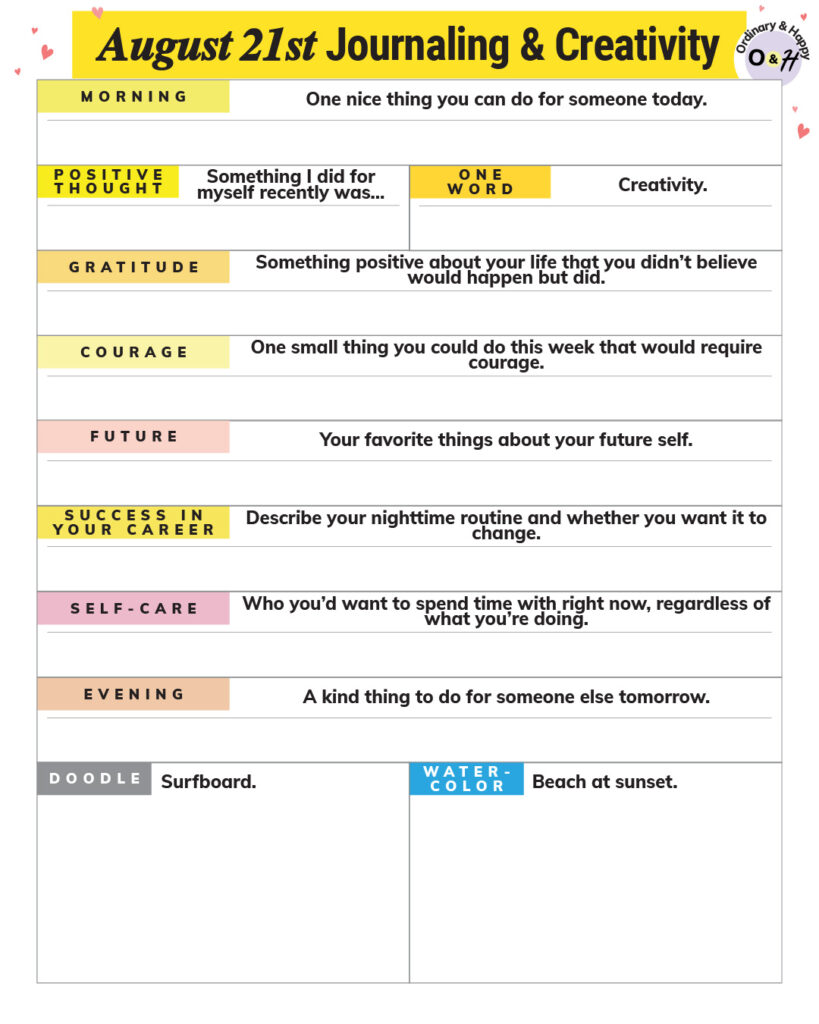 august 21st creativity and journaling worksheet printable containing propmpts to write about