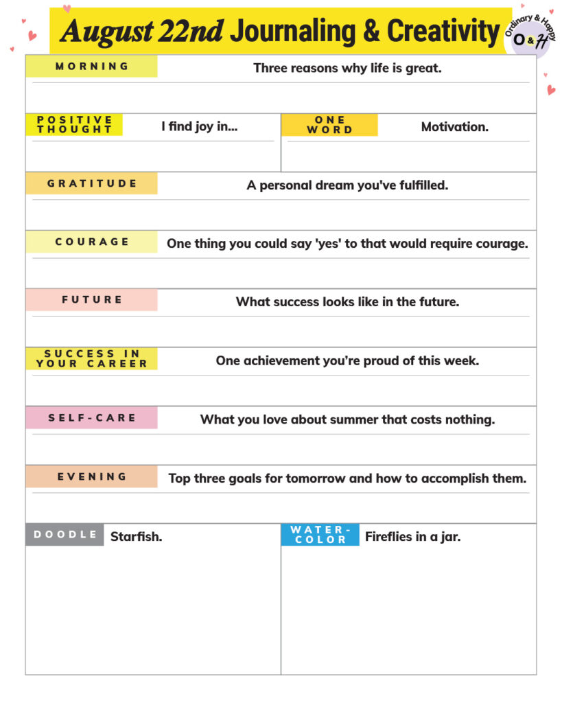 august 22nd journaling and creativity worksheet containing various prompts and spaces to write your answers