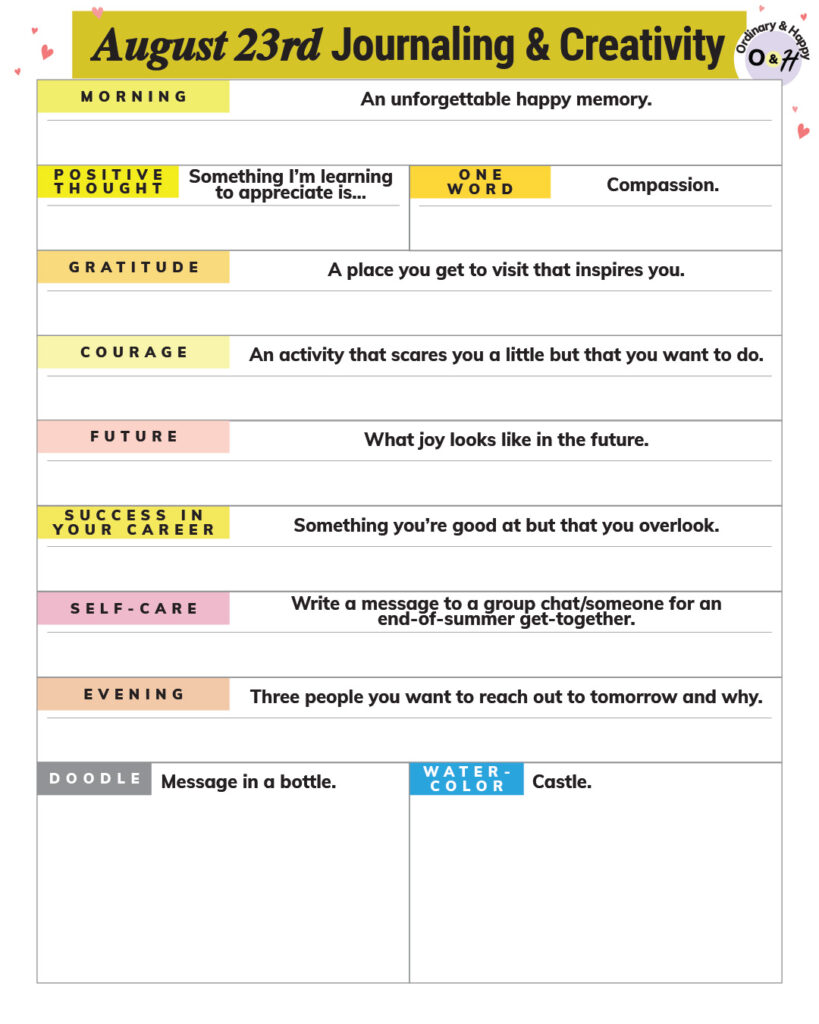 august 23rd journaling and creativity worksheet consisting of colorc-coded prompts and spaces to write your answers