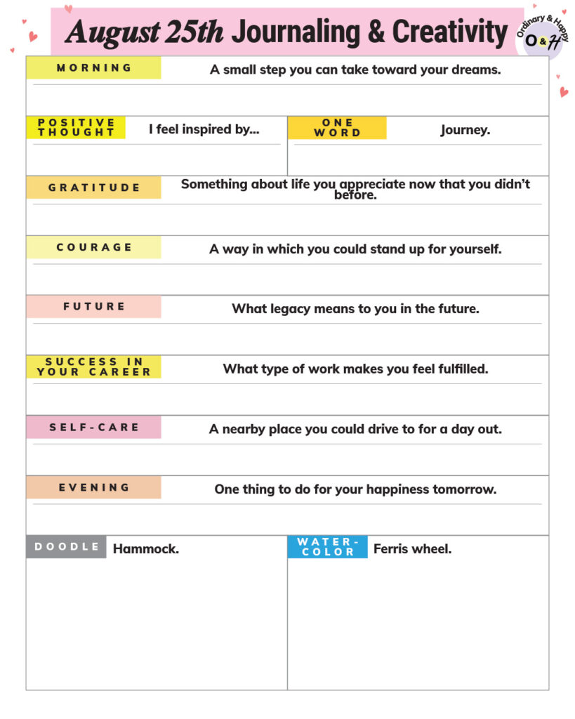 august 25th journaling and creativity worksheet with prompts for the day to answer