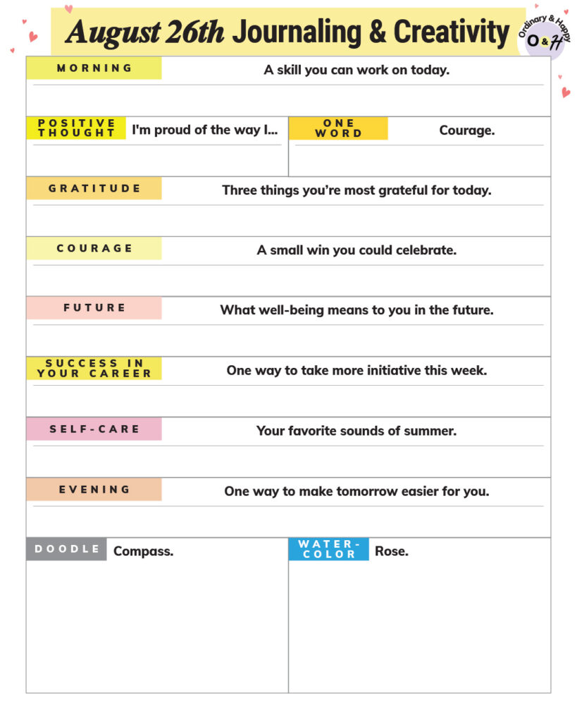 august 26th journaling and creativity worksheet with prompts for the day and blank spaces for your answers