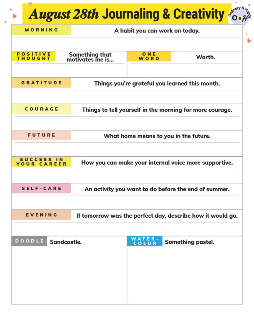 august 28th journaling and creativity worksheet printable with color-coded prompts and blank spaces for your answers