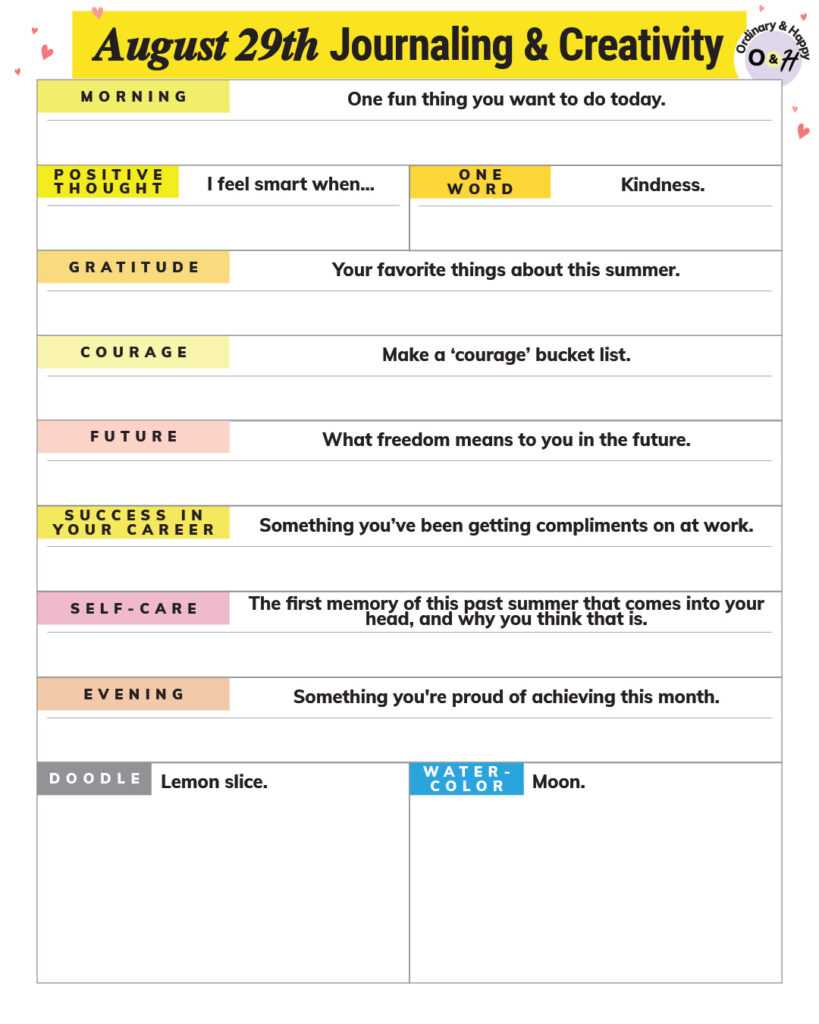 august 29th journaling and creativity worksheet printable with prompts to write about for the day