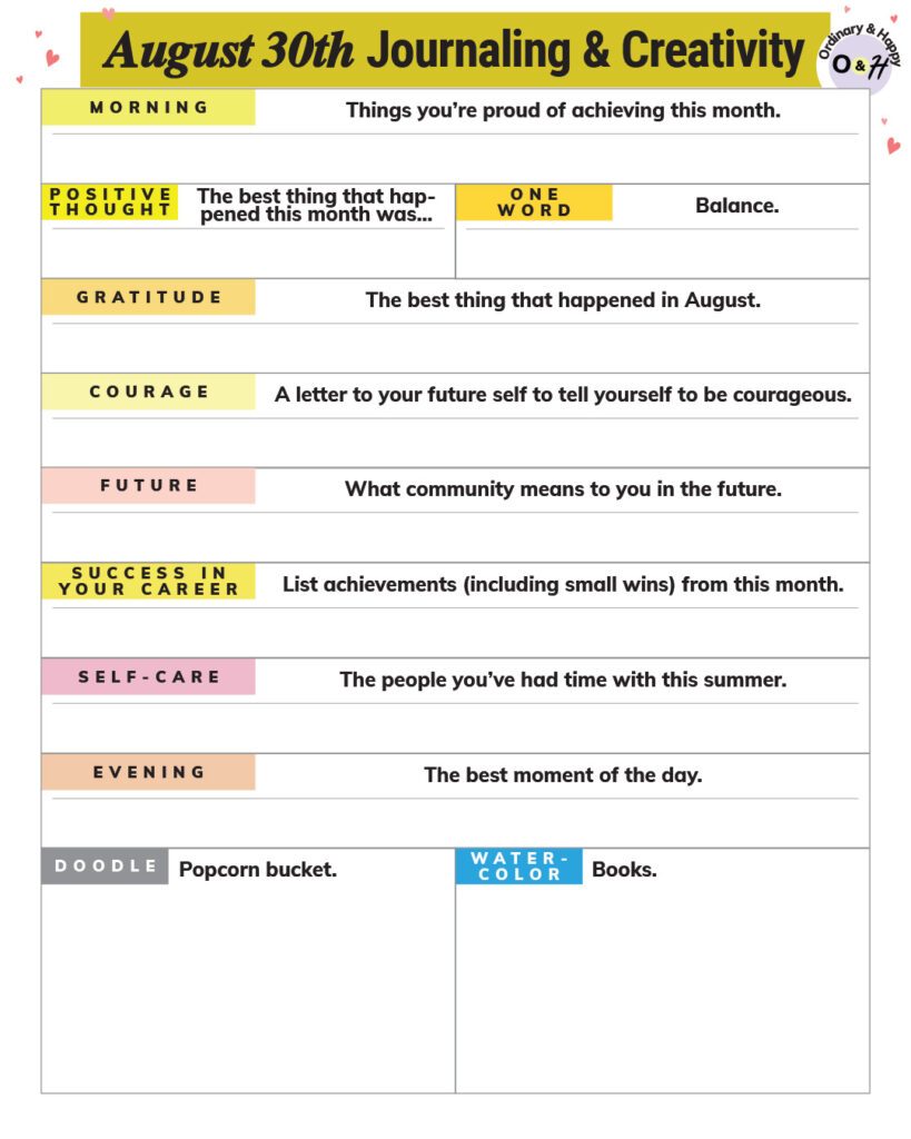 august 30th journaling, drawing, and watercoloring prompts worksheet