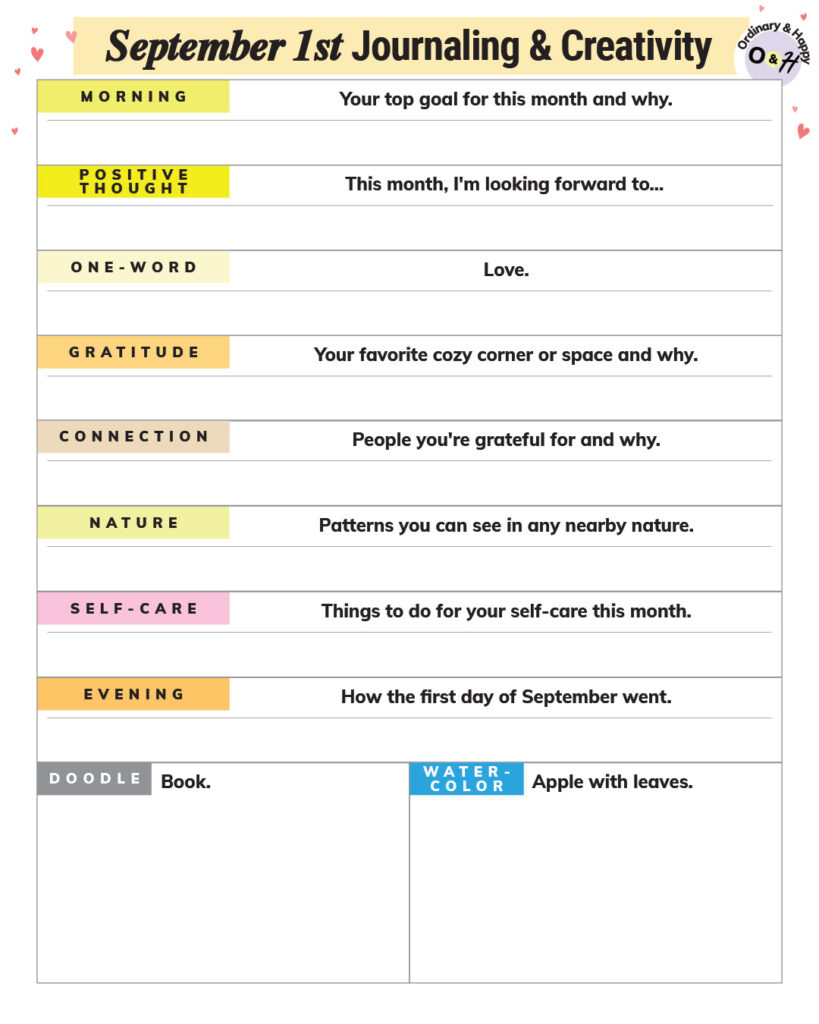 september 1st journaling and creativity worksheet with prompts to fill in