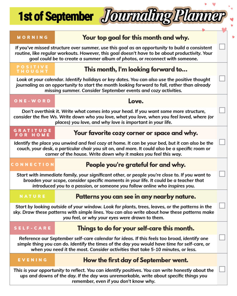 september 1st daily journaling planner consisting of eight color-coded types of journaling, the days prompts, and insight into how to write about them