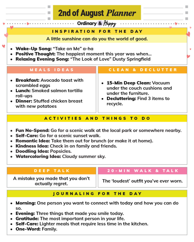august 2nd daily planner printable with lists of ideas in color-coded boxes for different areas of daily life