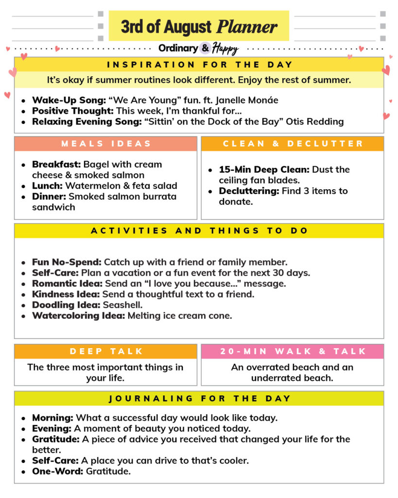 august 3rd daily planner printable with color-coded boxes and lists of ideas for the day
